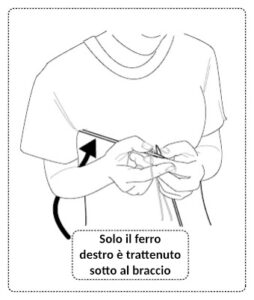 Nella lavorazione con i ferri dritti, il ferro destro può essere tenuto sotto al braccio