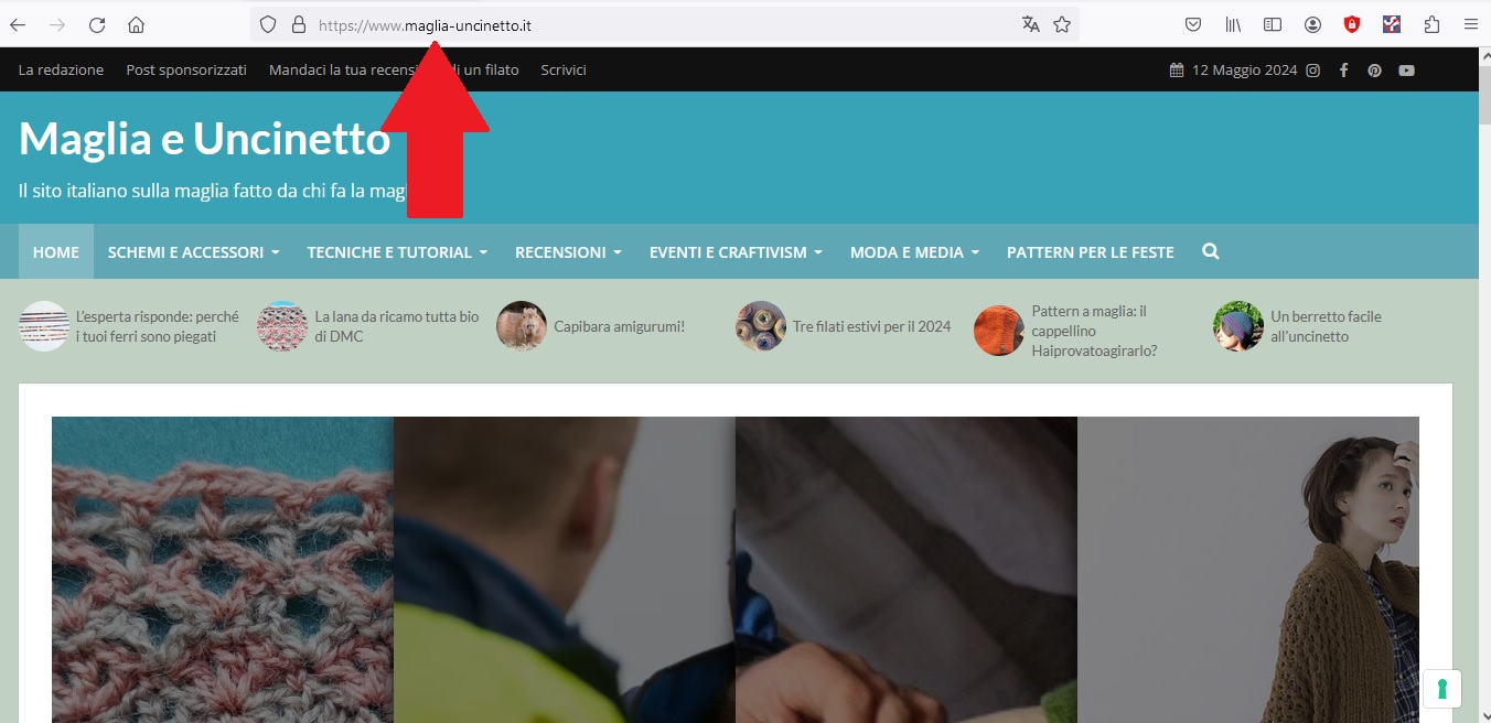 Screencap del sito di maglia-uncinetto.it con una freccia rossa che indica l'URL