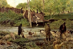 Il salto della pecora, paesaggio campestre (dipinto) di Fattori Giovanni (sec. XIX)