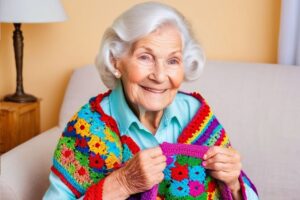 Immagine generata con l'intelligenza artificiale e che rappresenta una anziana con una coperta a uncinetto