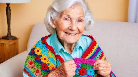 Immagine generata con l'intelligenza artificiale e che rappresenta una anziana con una coperta a uncinetto