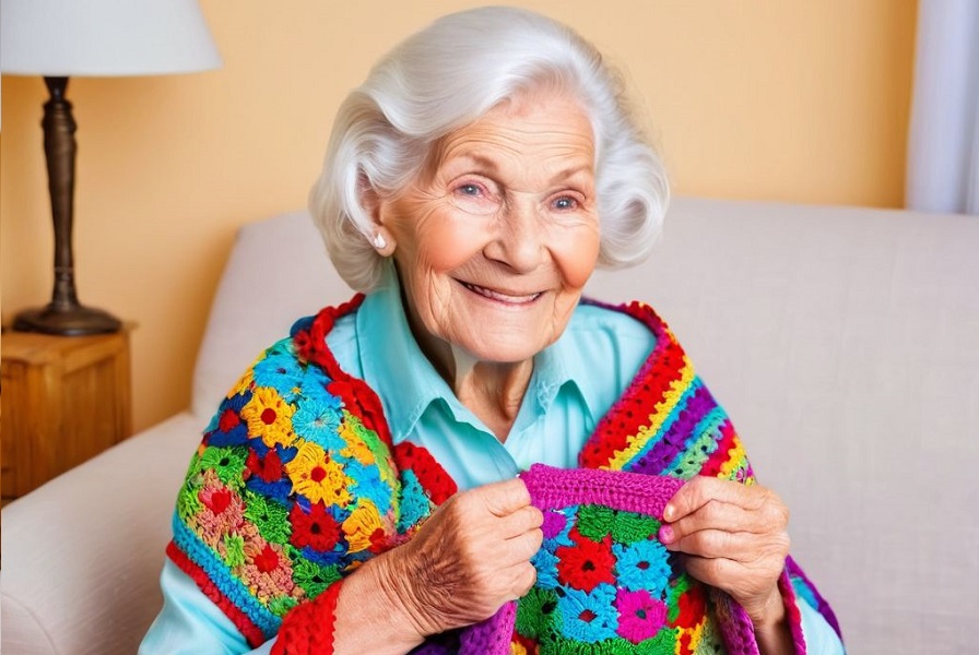 Immagine generata con l'intelligenza artificiale e che rappresenta una anziana con una coperta a uncinetto