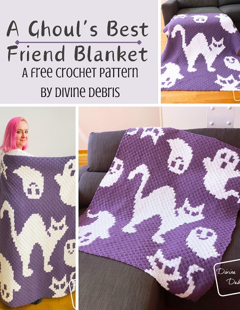 Copertina a uncinetto, lavorata con la tecnica c2C e decorata con fantasmi e un gatto. Modello di Divine Debris