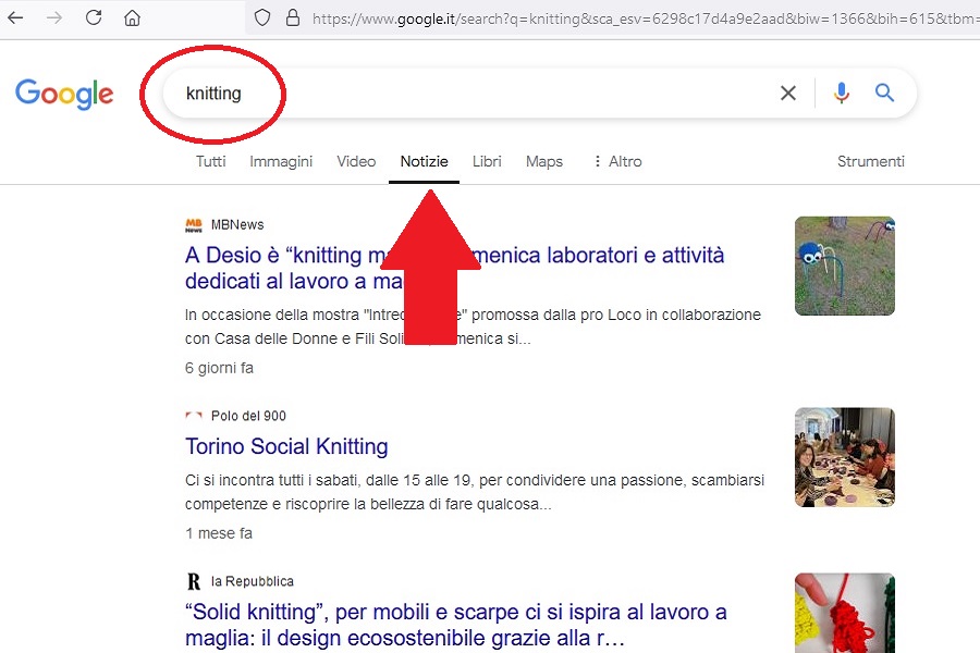 Screenshot del motore di ricerca Google utilizzato per cercare la parola "knitting" nelle news