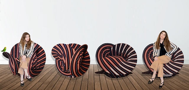 Immagine promozionale dell'abbigliamento trasformabile "Universo in espansione". L'immagine mostra varie sedute ottenute modificando una struttura flessibile rivestita in tela.