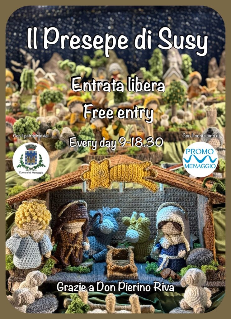 Volantino del presepe a uncinetto presente a Menaggio, sul lago di Como.